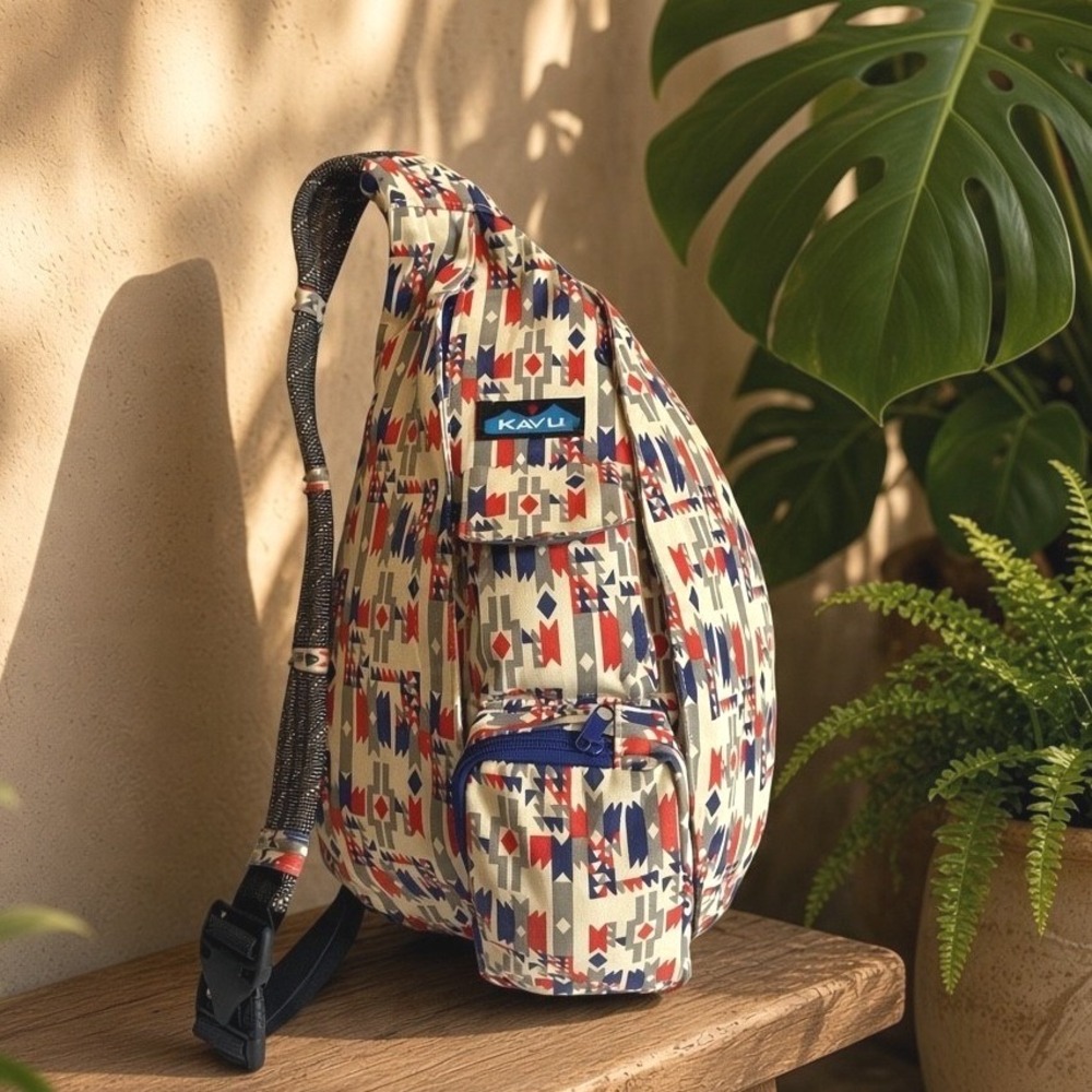 KAVU Rope Bag Sling Backpack Southwestern Geometric Canvas Multicolor Red Blue